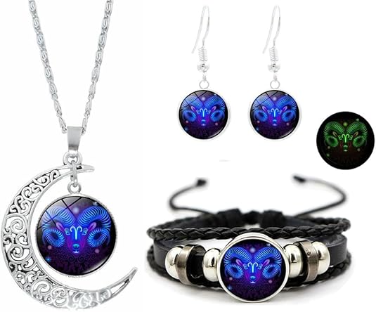 3Pcs Multilayer Constellation Zodiac Leather Bracelet and Necklace with Earring Handmade Woven Zodiac Sign Wrap Bracelet Wristband Sets for Women Men Jewelry Birthday Gift