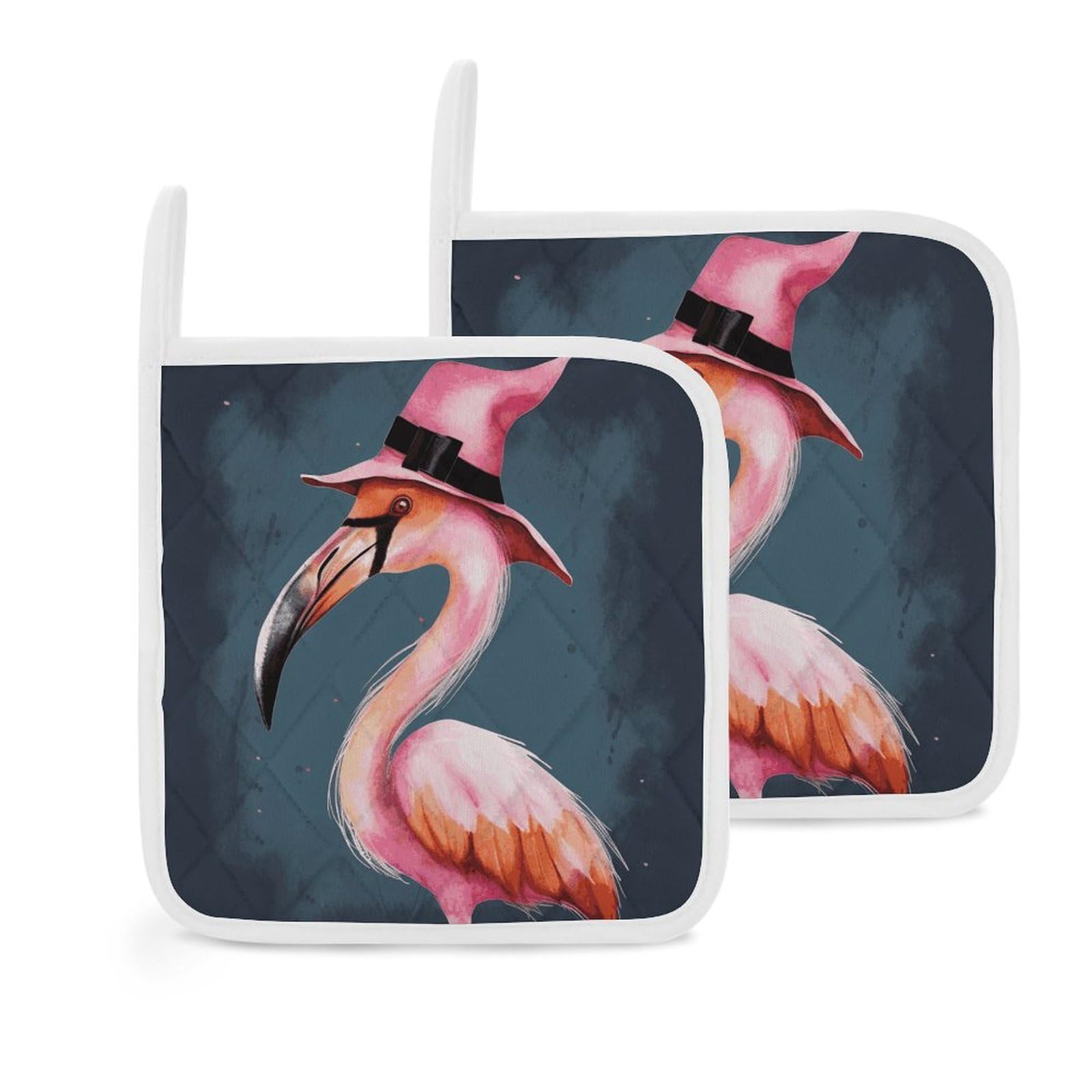 Btcowzrv Style Halloween Flamingo Witch Hat 2 Pack Pot Holders For Kitchen, Heat Resistant Potholder Set With Hanging Loops, Hot Pads For Oven Baking Cooking