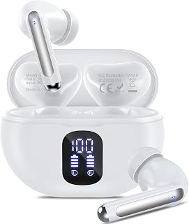 Wireless Earbuds, 2025 Bluetooth 5.3 Headphones, 50H Playback Deep Bass Stereo Ear Buds with LED Power Display Charging Case, IPX7 Waterproof Earbuds for Laptop Pad Phones Sports Workout, White