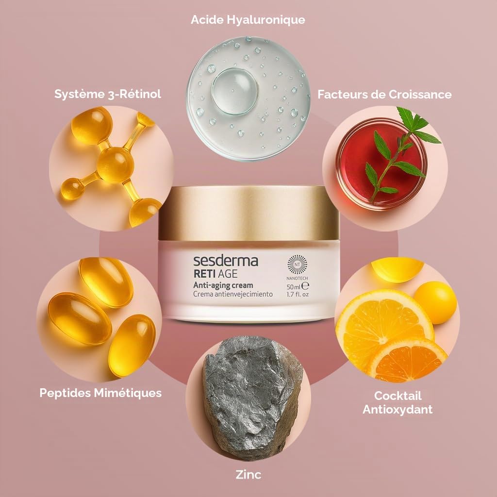 Sesderma Retiage Crème faciale – 3-Retinol System – Atténue les rides, raffermit, hydrate et unifie le teint – 50 ml