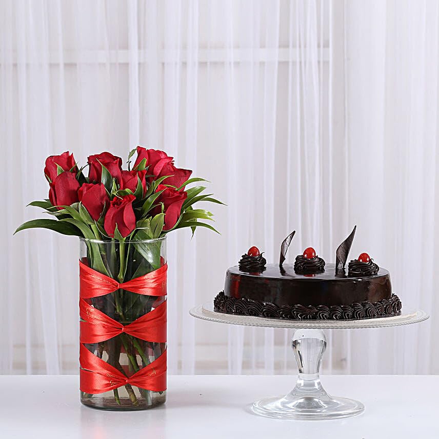 Red Roses Vase & Truffle Cake Combo-image-8