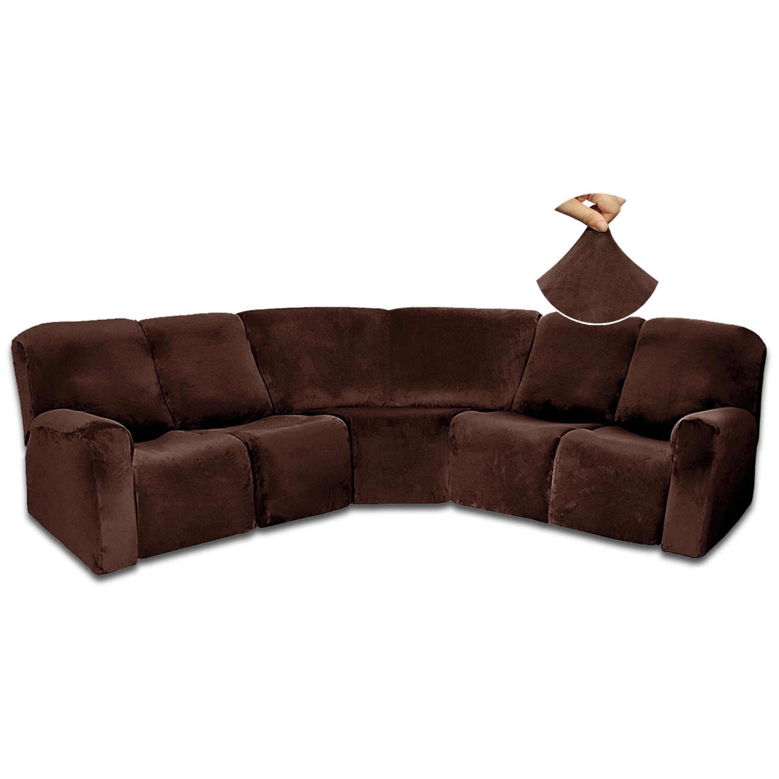 JUNLEBUYI 7-Piece L Shape Sectional Recliner Sofa Covers 4 Seater & 1 Corner Seat,Velvet Stretch Reclining Couch Cover Slipcover for Reclining L Shape 5 Seat Recliner Corner Sofa (Brown)