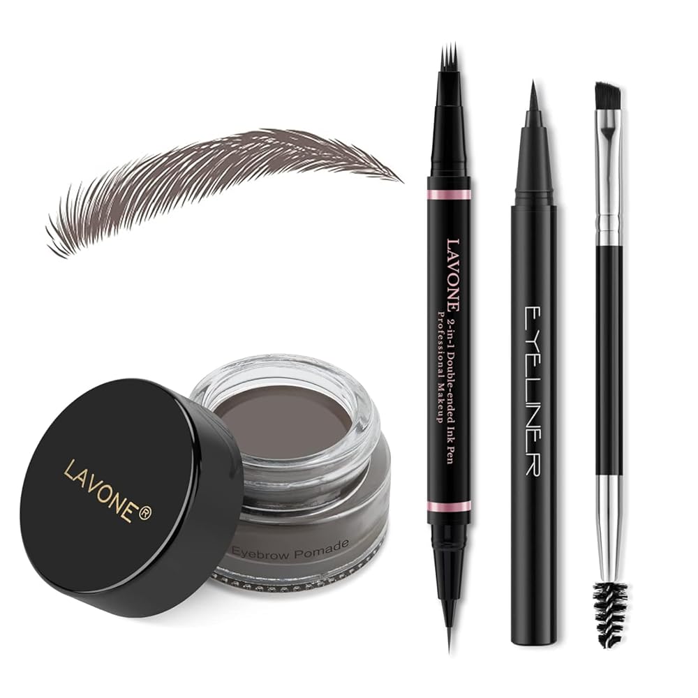LAVONE Eyebrow Pencil Makeup Kit, with Waterproof 2-IN-1 Microblading Eyebrow Pen, Eyebrow Pomade, Eyeliner and Dual-ended Eyebrow Brush, Brow Pencil Kit for Natural Eyebrows - Ebony