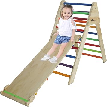 Triangle Ladder with Ramp and Slide, Wooden Foldable 2-in-1 Climbing for Kids 1-7 y.o. Multicolor