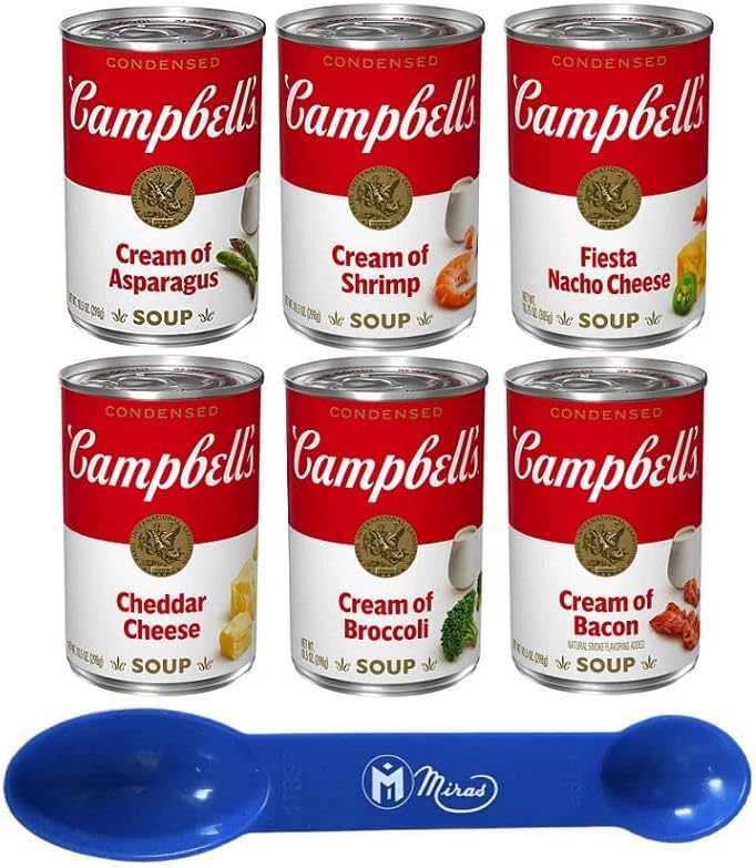 (Pack of 6) Campbells Soup Variety Bundle 10.5 oz Cans Cream of Shrimp, Cheddar Cheese, Asparagus, Bacon, Broccoli, & Nacho Cheese Flavors (Free Miras Trademark 2-in-1 Measuring Spoon Included!)