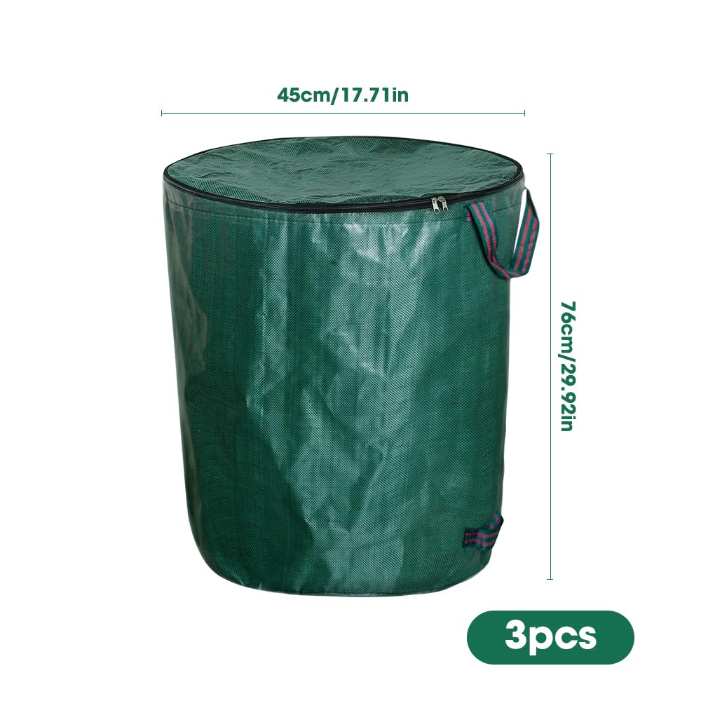 3 sacos de basura de jardín, 120 L, con tapa y asas, bolsas de basura de jardín, estables para residuos de jardín, bolsas de corte verde para césped, hojas, setos, residuos de jardín