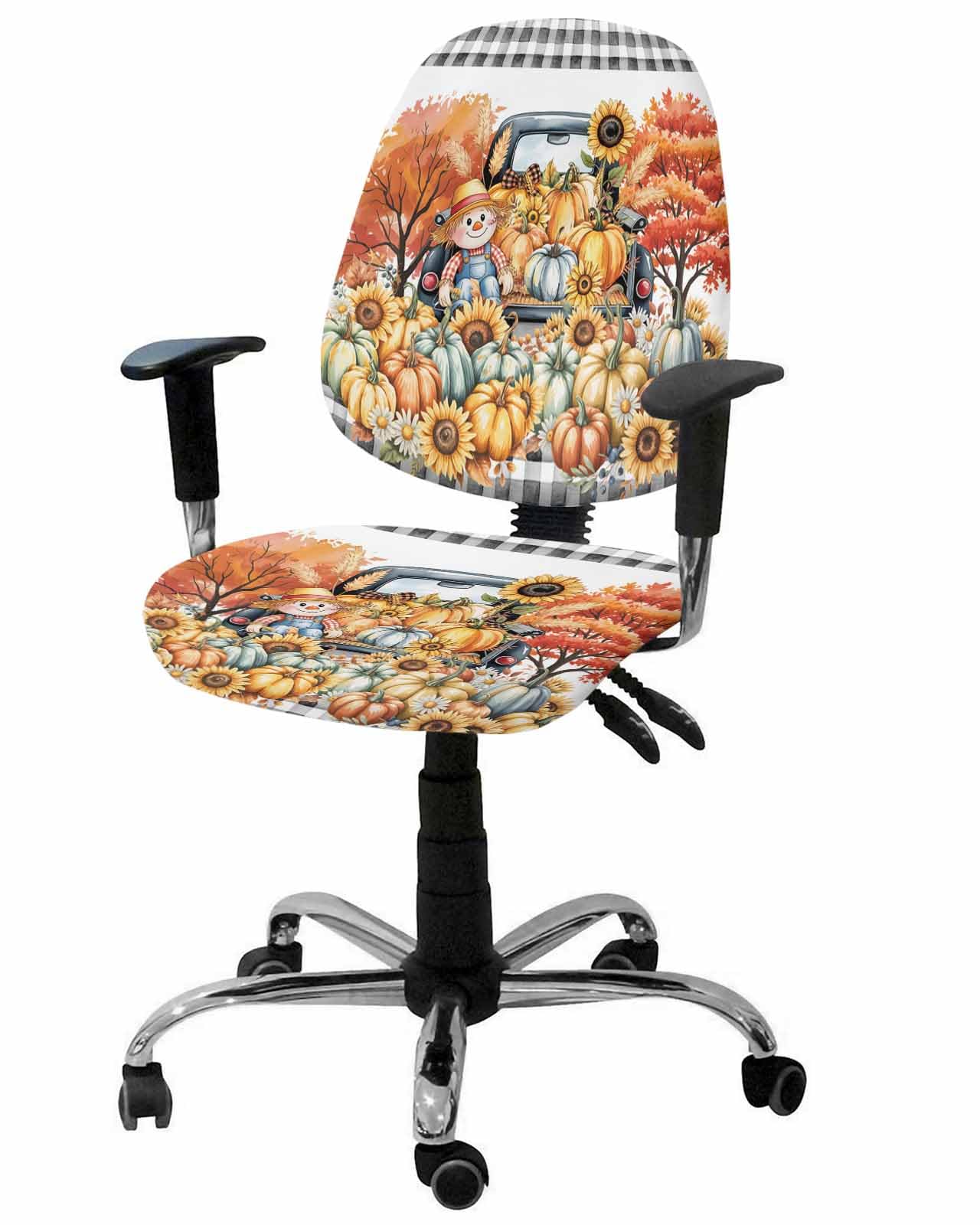 Yellow Orange Pumpkin Fall Office Chair Cover 2 Piece, Thanksgiving Plaid Botanical Truck Stretch Elastic Computer Desk Rotating Chair Seat Back