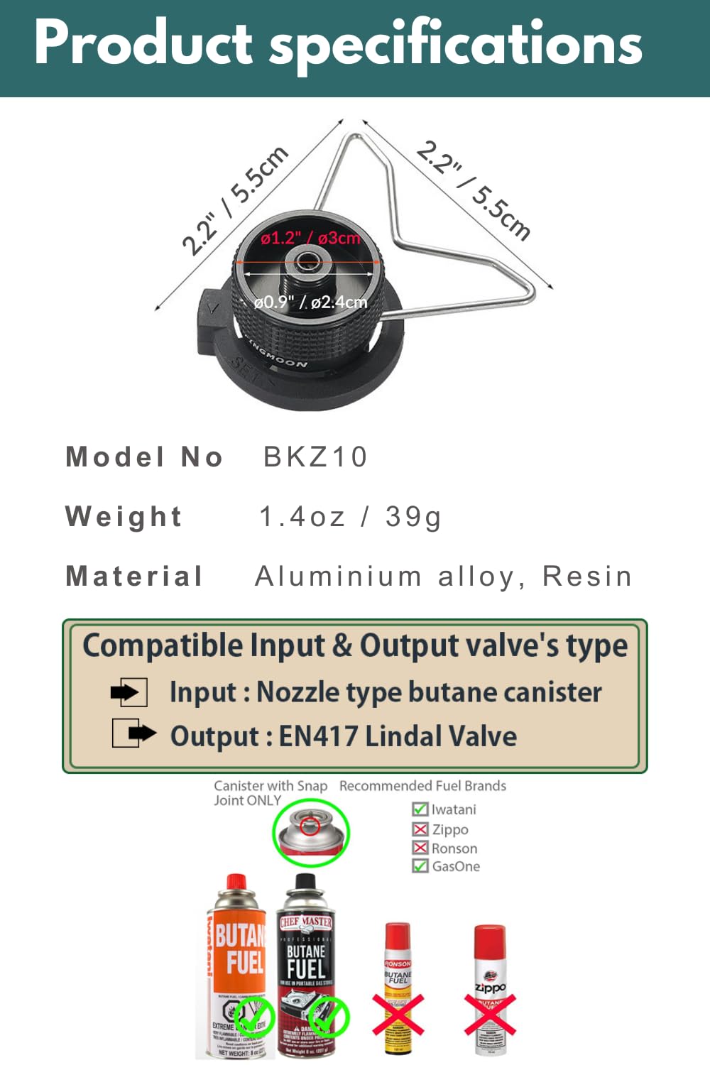 CAMPINGMOON adapter butanowy do dyszy typu butan kanister kempingowy czarny BKZ10