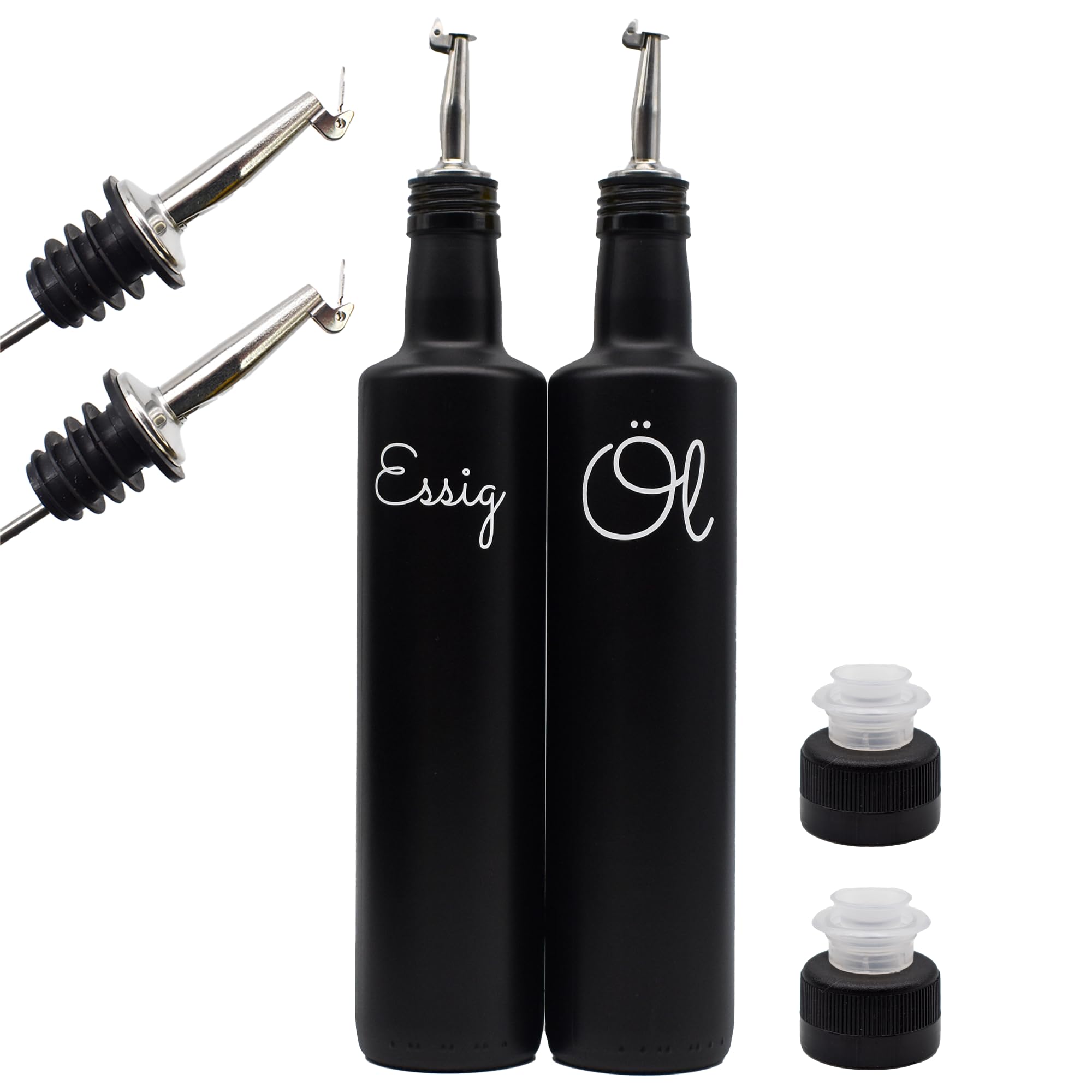 FLASCHE Essig Öl Set mit Edelstahl Ausgießer - 500 ml - 2x Deckel in Schwarz