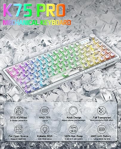 VGN GAMEPOWER K75 PRO 75% Custom Mechanical Keyboard with Knob & Transparent Keycap,Gasket Mounted TKL 82Keys Hot Swap Keyboard,Support QMK/VIA,2.4Ghz/BT5.0/USB-C Wired,Custom RGB,EVA Foam,for Win/Mac - Image 2