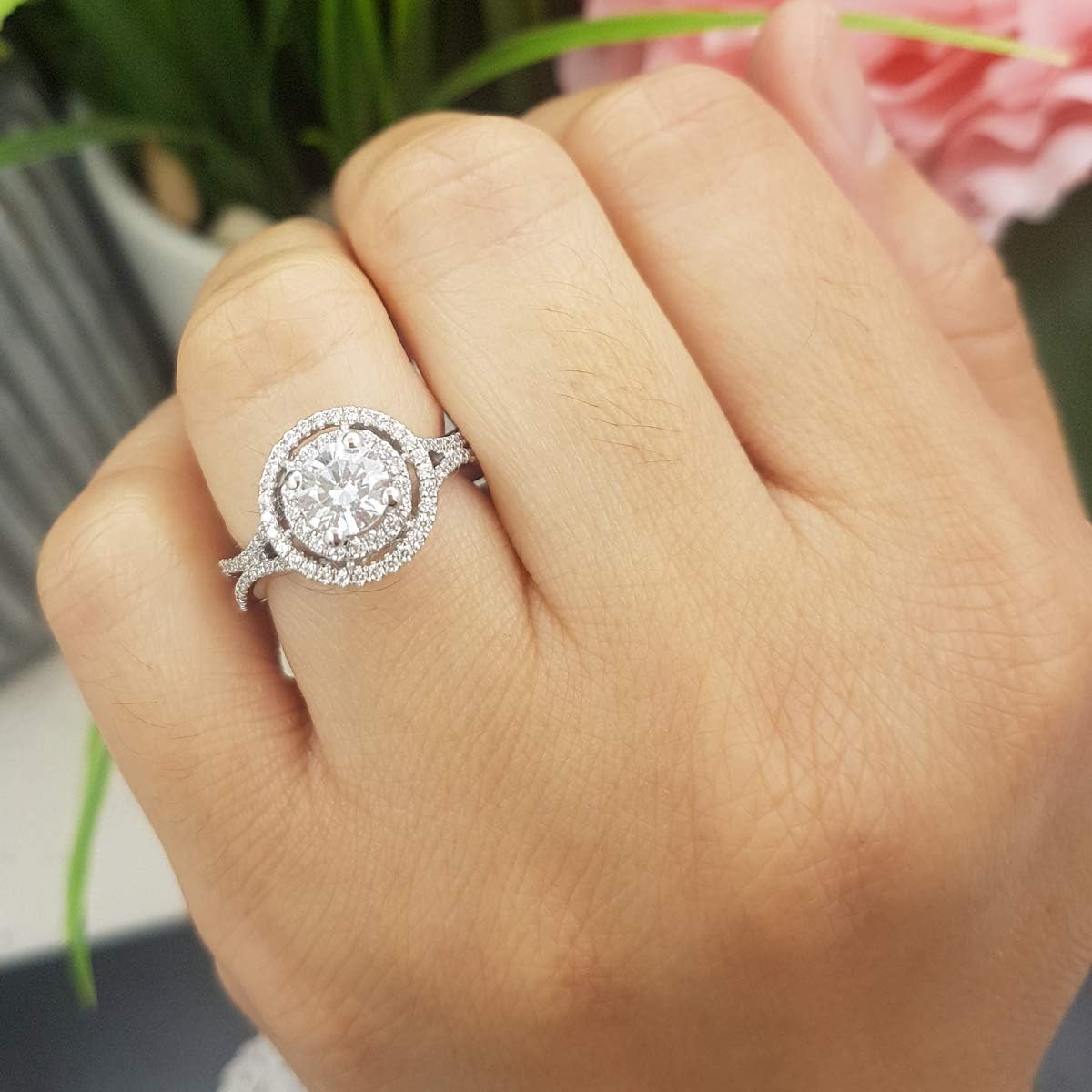 Dazzlingrock Collection 1.50 Ctw Round Cut White Cubic Zirconia Women Bridal Halo Engagement Ring, 14K White Real Solid Gold