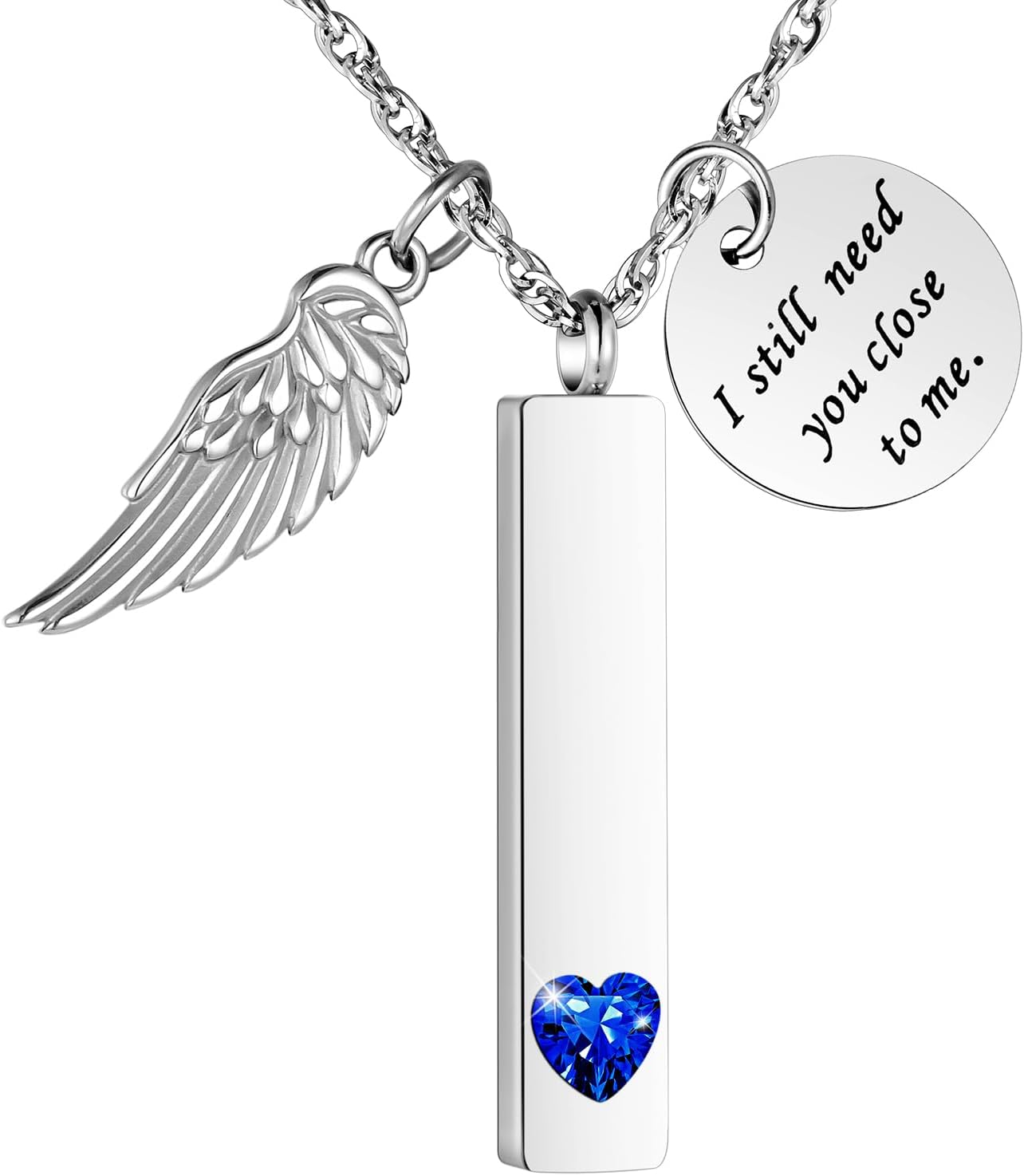 XIUDA Cremation Jewelry for Ashes with Angel Wing Charm Vertical Bar Urn Necklace Stainless Steel Memorial Keepsake Pendant for Women