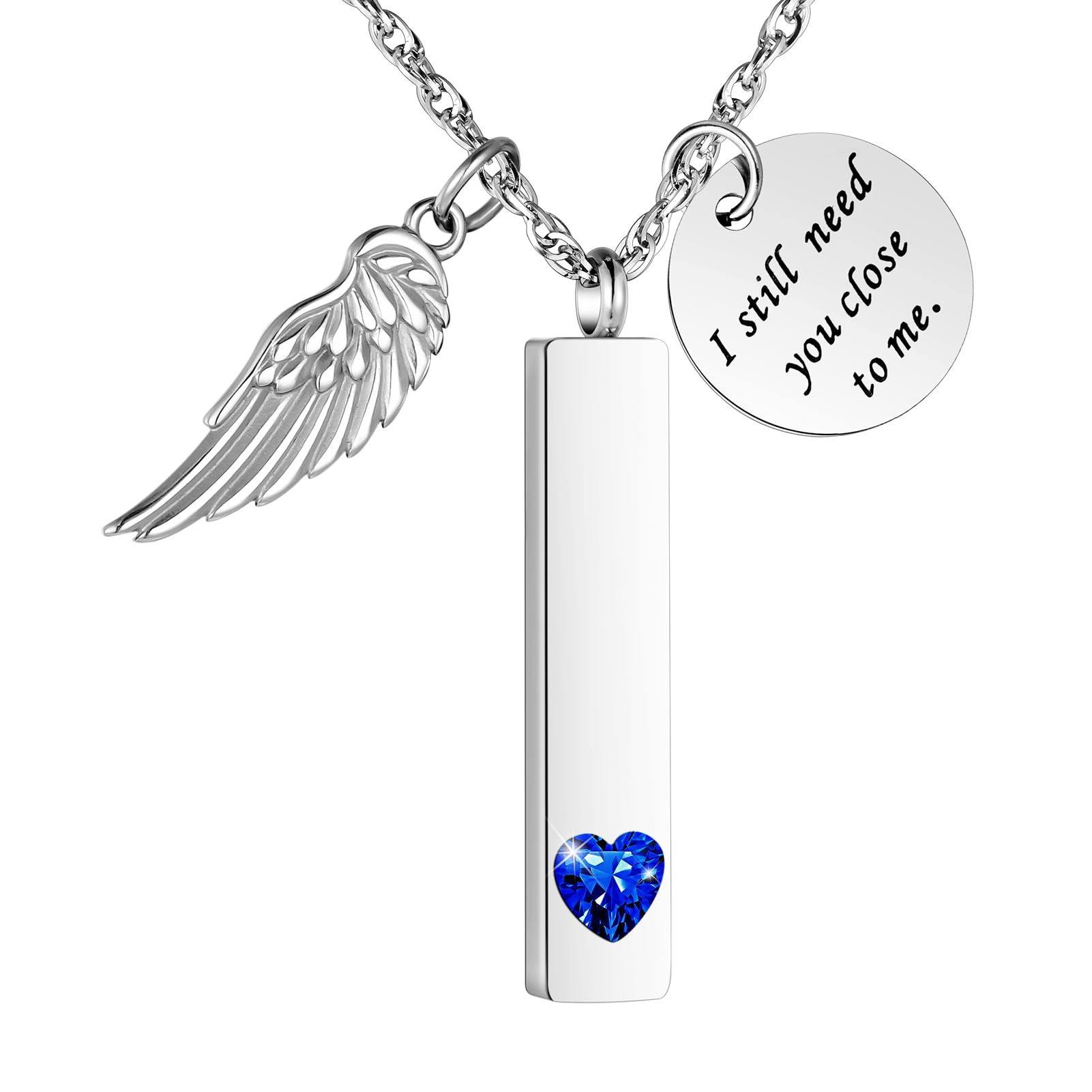 XIUDA Cremation Jewelry for Ashes with Angel Wing Charm Vertical Bar Urn Necklace Stainless Steel Memorial Keepsake Pendant for Women