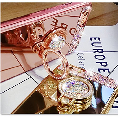 Inspirationc Iphone Se Case, Crystal Rhinestone Mirror Glass Case Bling Diamond Soft Rubber Makeup Case For Iphone 5/5S/Se With Detachable 360 Degree Ring Stand-Rose Gold #TOP4