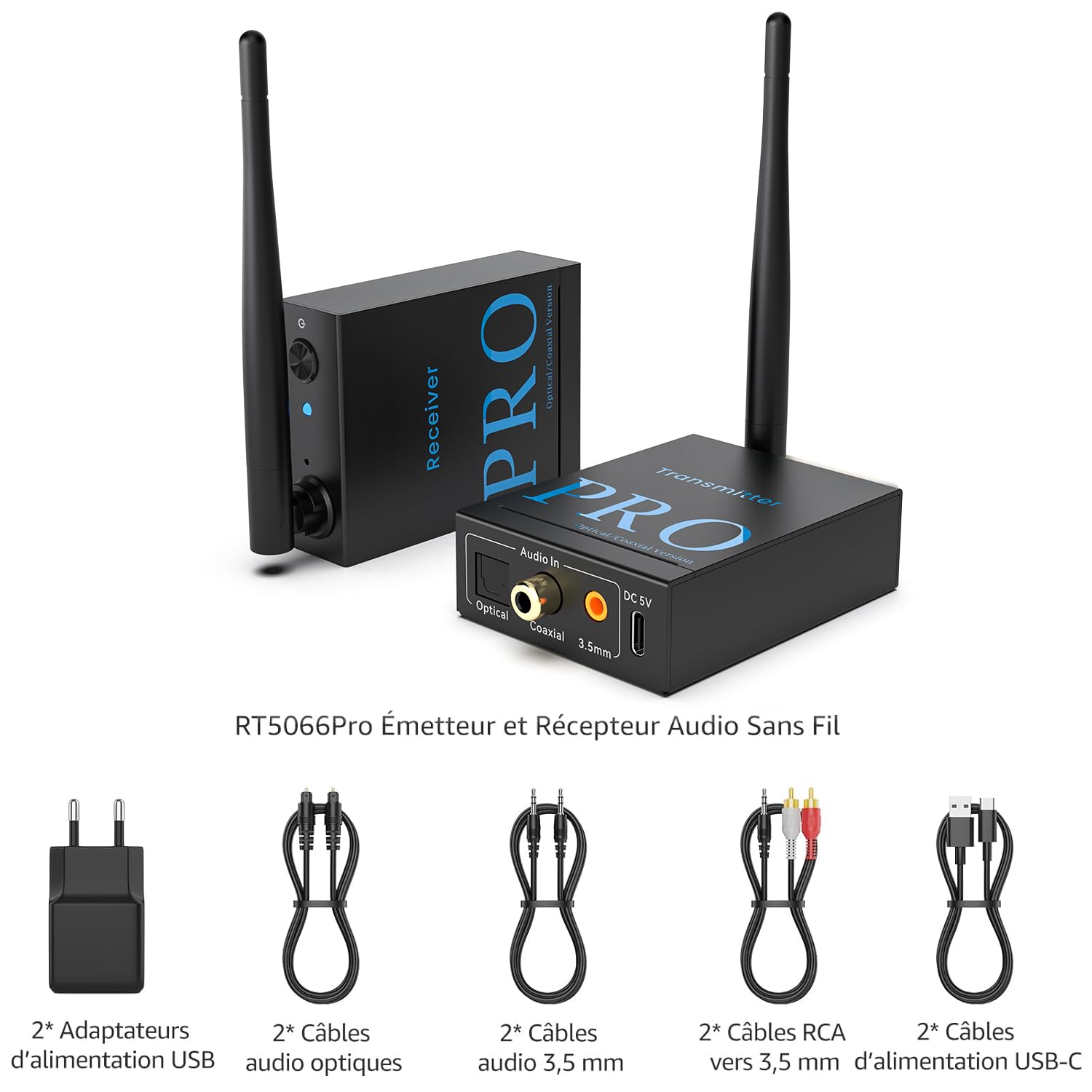 1Mii (1 TX + 1 RX) Émetteur Récepteur Audio Sans Fil, Transmission 2,4 GHz | Faible Latence, Son HiFi pour TV/PC vers Enceintes Actives/Amplificateurs/Récepteurs AV, Optique/Coaxiale/Jack 3,5 mm/RCA
