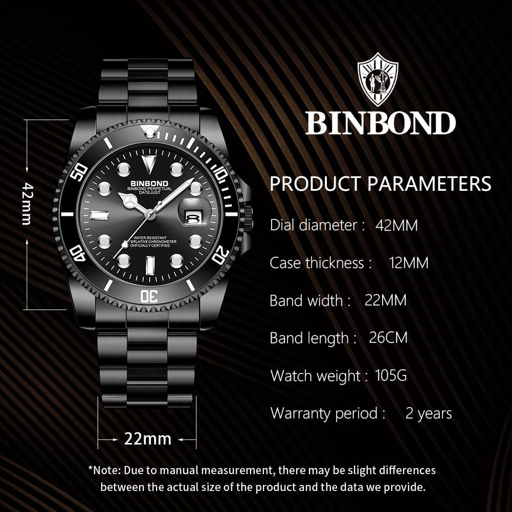 Diagram showing BINBOND watch product parameters: Dial diameter 42MM, Case thickness 12MM, Band width 22MM, Band length 26CM, Watch weight 105G, Warranty period 2 years.