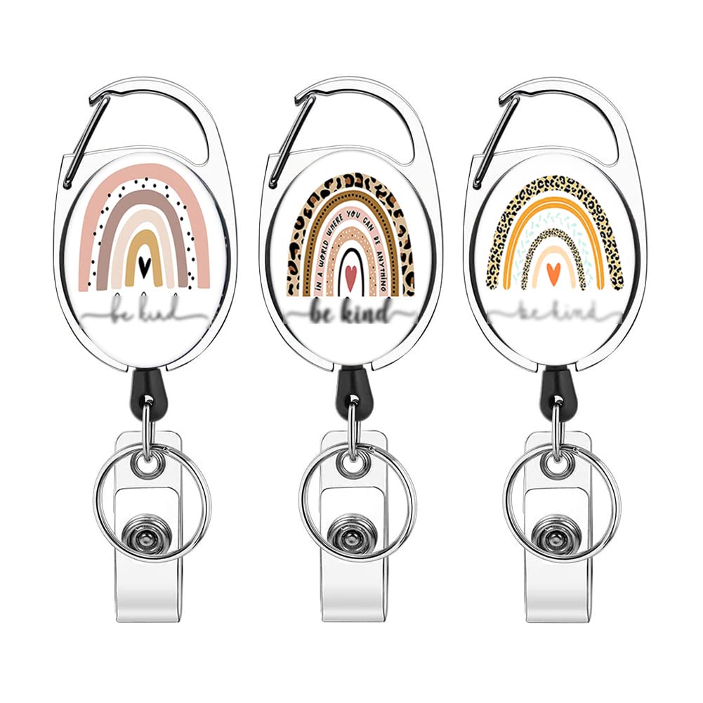 Heavy Duty Retractable Badge Reel with Carabiner Belt Clip Key Ring Cute ID Name Badge Reels for Doctor Nurse 3 Pack (Rainbow)