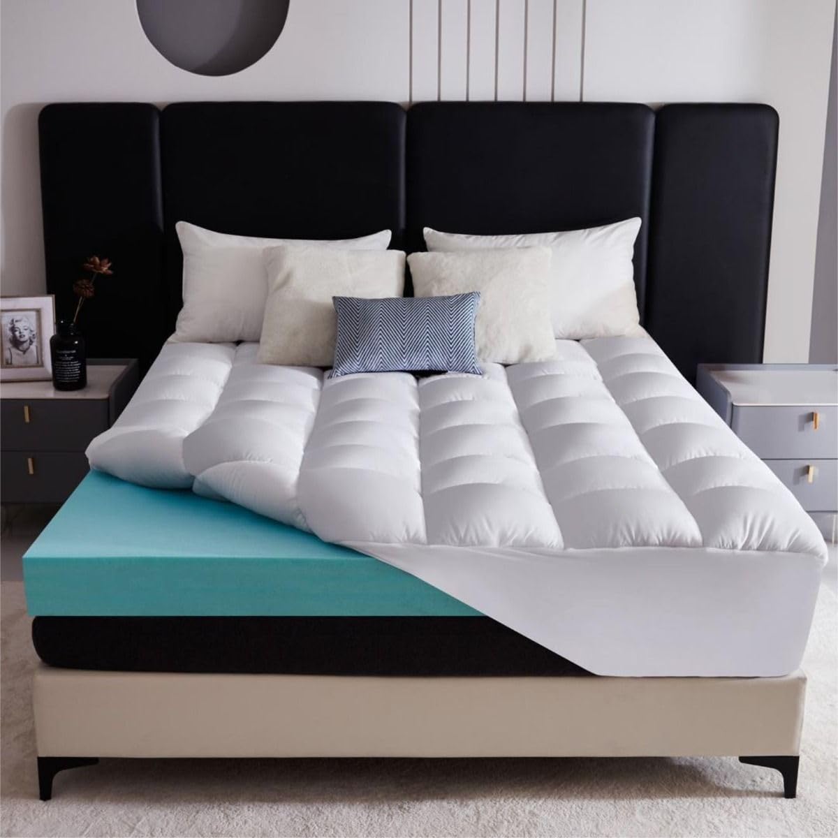 10 Cm Thick Combination of Memory Foam & Microfiber Deep Mattress Topper With Side Skirt of 40cm, Super Soft Generous Thickness Quilted Mattress Enhancer (Single)