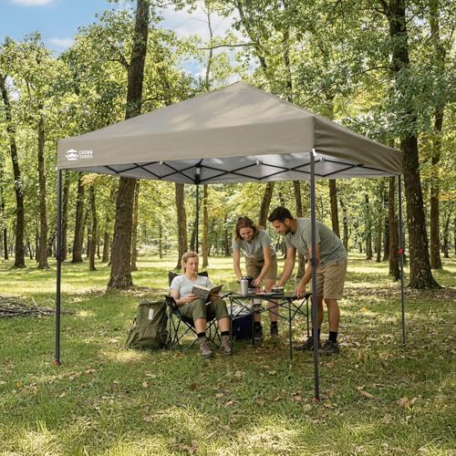 Image of CROWN SHADES 8x8 Pop Up Canopy - Patented Center Lock One Push Instant Outdoor Canopy Beach Tent with STO-N-Go Bag 8 Stakes & 4 Sand Bags,Beige