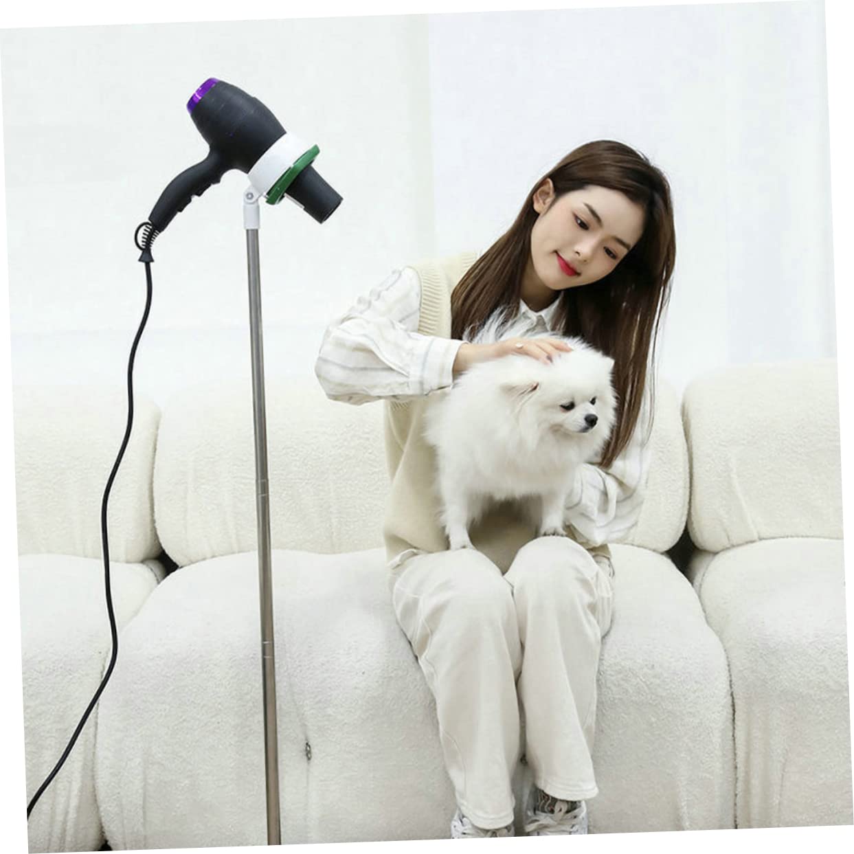 Supporto per Asciugacapelli Regolabile 50-106cm in Acciaio Inox per Toelettatura Pet e Uso Domestico, Porta Phon Mani Libere Bianco per Amici degli Animali