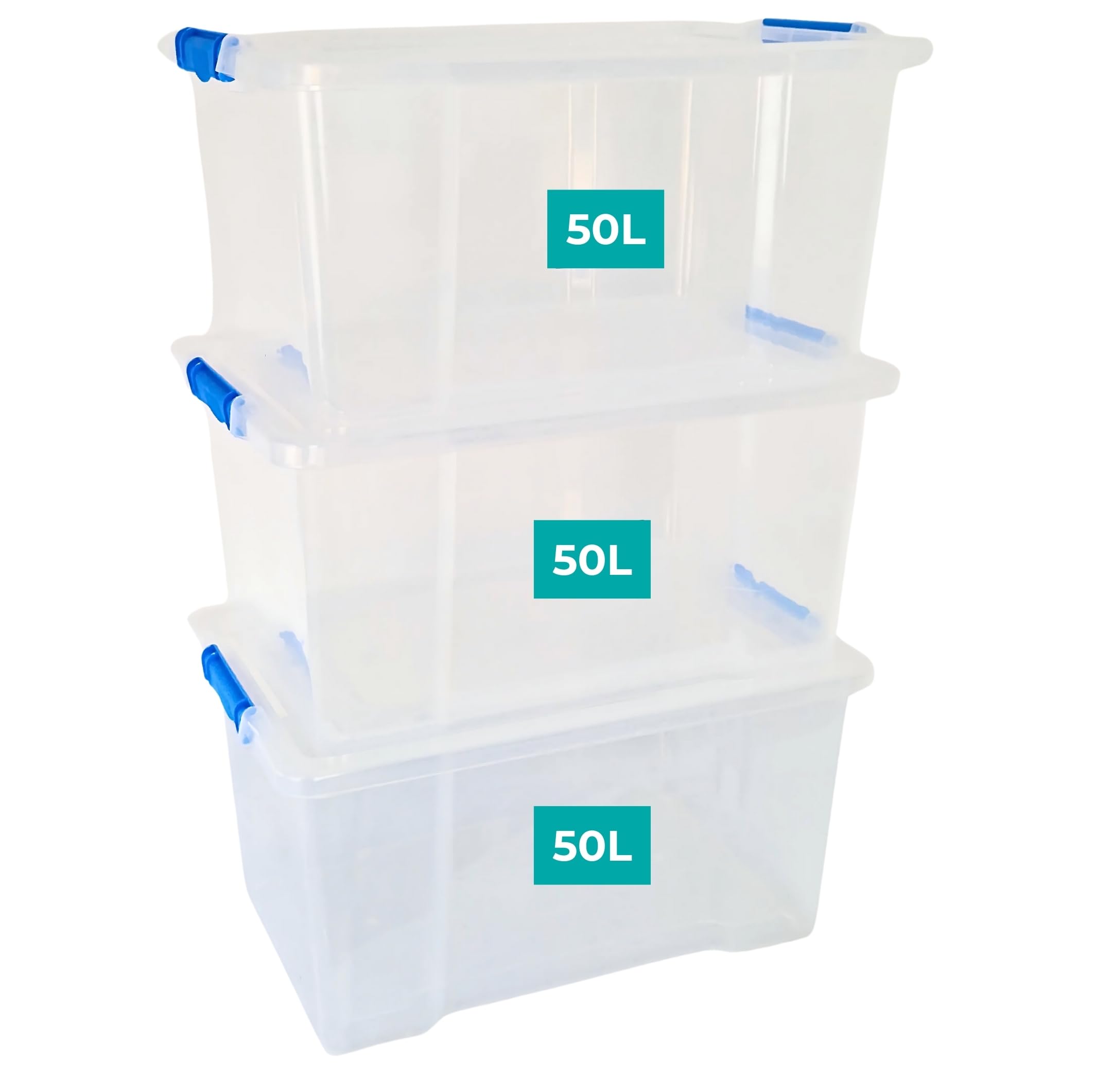 3 x 50 Litre Storage Boxes with Lids Set of 3, Clip-Lock Lid, Sturdy 50L Clear Stackable Plastic Storage Box With Lid Containers For Home, Kitchen, Moving, Garage & Office