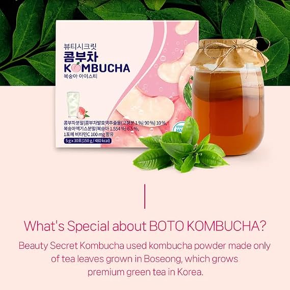 BOTO Kombucha Tea Organic Drink Sugar Free, Keto, Vegan, Low Calorie, Detoxifying Acids, Supports Gut Health, Non-GMO, Vegan, Gluten Free, Sparkling - Peach Iced Tea - 30 of Pack
