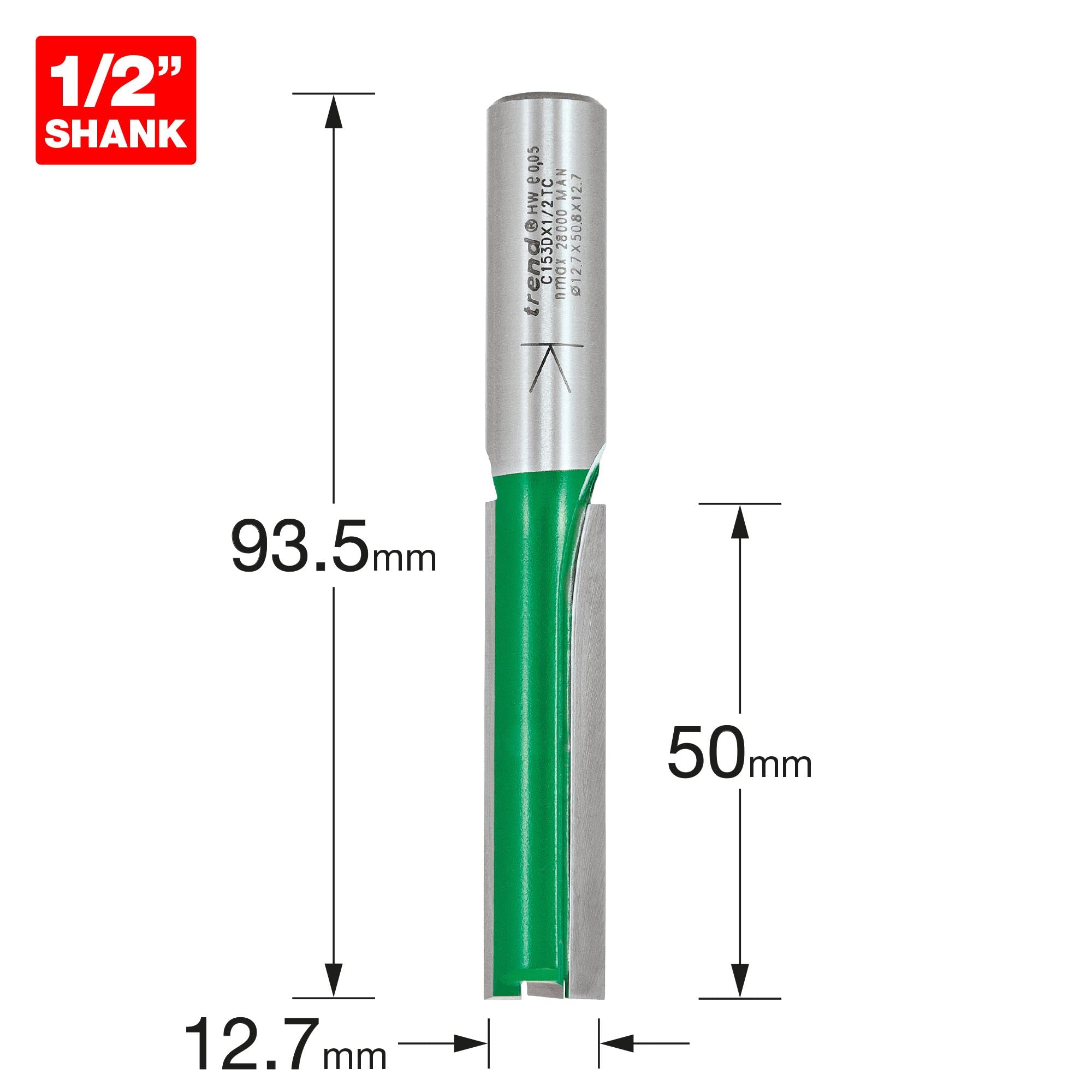 Trend CraftPro frez prosty dwupiórowy do frezarki górnowrzecionowej, trzpień 1/2 cala, średnica cięcia 12,7 mm, długość cięcia 50 mm, węglik spiekany (TCT), C153DX1/2TC