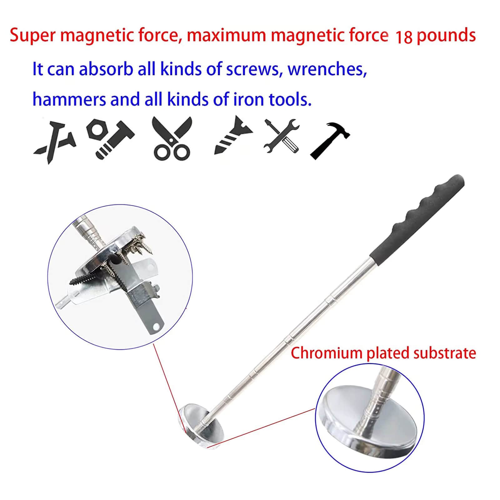 Magnetic Sweeper Telescoping Magnetic Pickup Tool - 18Lbs Pull Capacity Extendable From 8 To 34 Inches Telescoping Retrieval Magnet