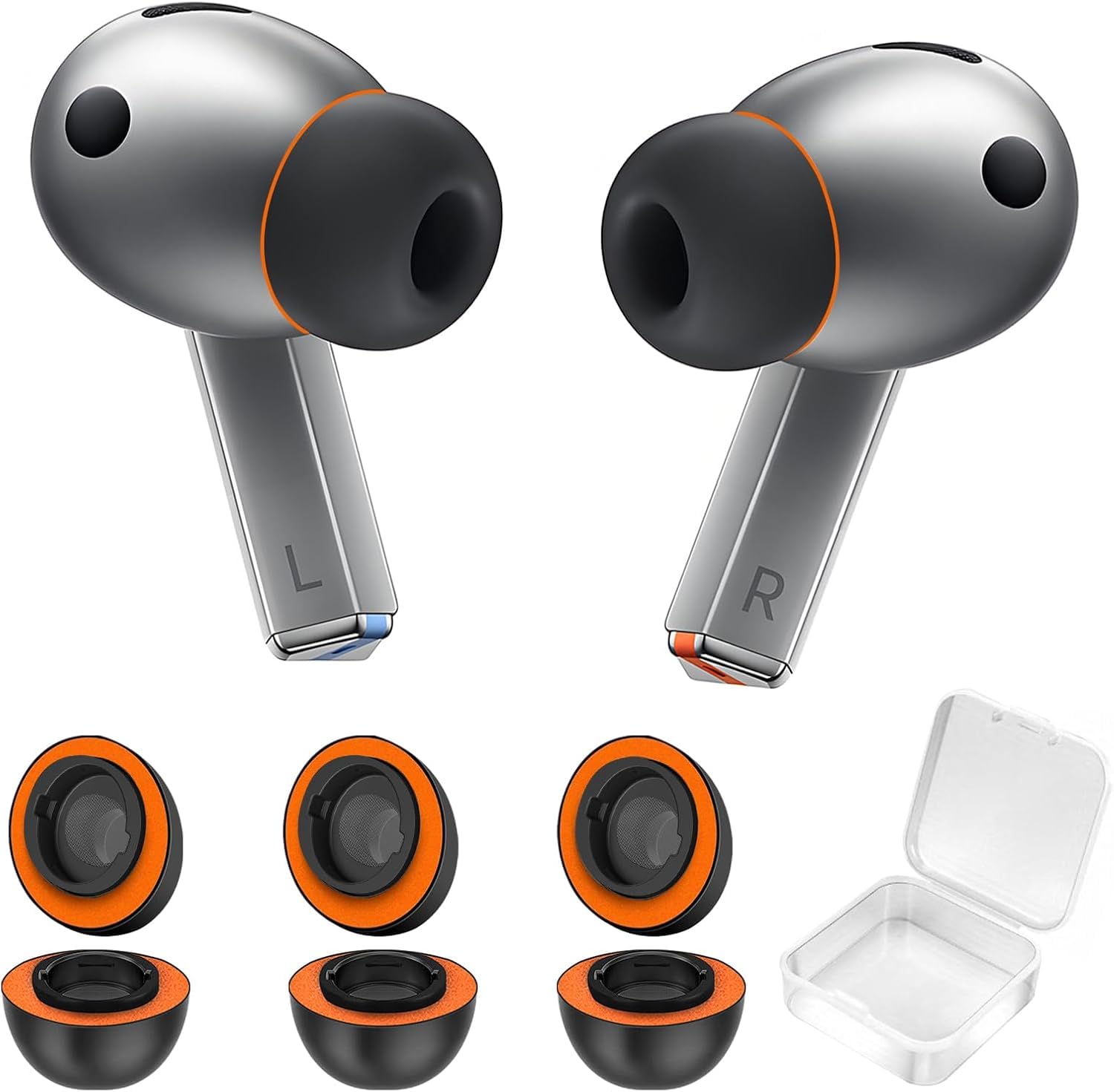 KASOTT Best Memory Foam and Silicone Hybrid Earbuds for Samsung Galaxy Buds3 Pro, Double Layer Non-Slip, Ultra-Comfort, Better Noise Cancellation, Fits Charging Case, 3 Pairs (Black Orange