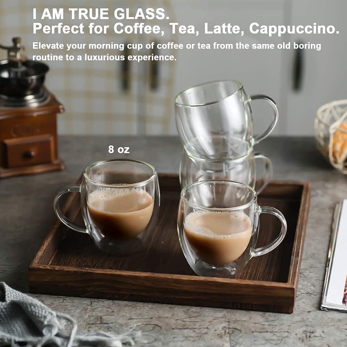 BINZO Glass Cups - Set of 6 for Coffee & Tea -5