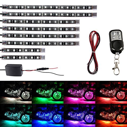 Motorcycle LED Strip Lights Kit - Aukora 8 Pcs Motorbike LED Lights Strips Multi-Color Accent Glow Neon Lights Lamp Controlled by Remote for Harley Davidson Kawasaki Honda Ducati Suzuki Yamaha