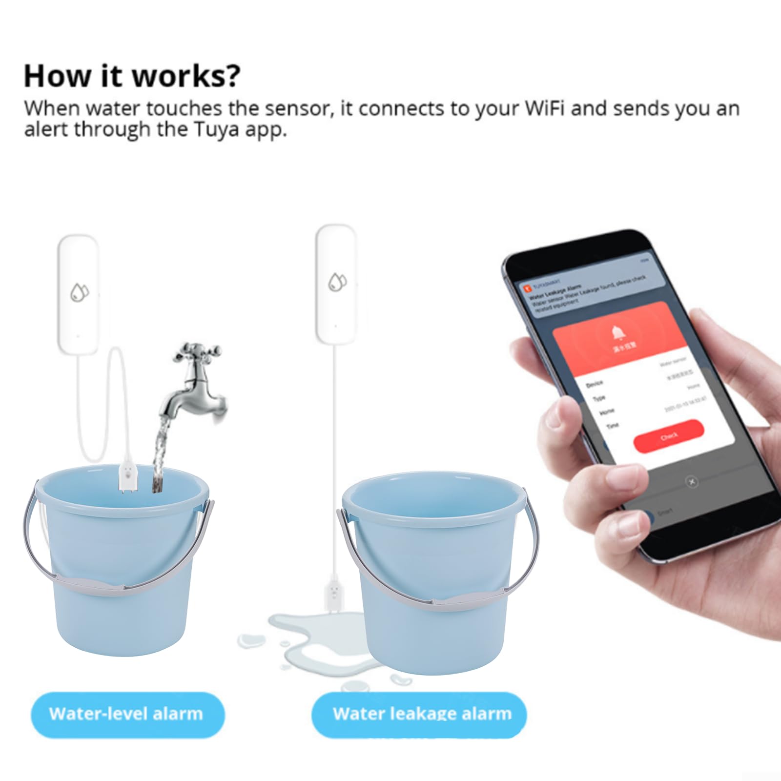 pour Tuya Lot de 4 détecteurs de Fuite d'eau Wi-FI intelligents, avec Application pour Smart Life Télécommande Notification pour Cuisine, Cave, Garage, sous-Sol