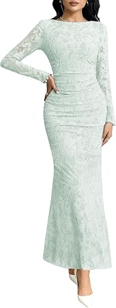 MITILLY Womens Formal Long Sleeve Dress Fall Elegant Floral Bodycon Ruched Cocktail Party Maxi Dresses New
