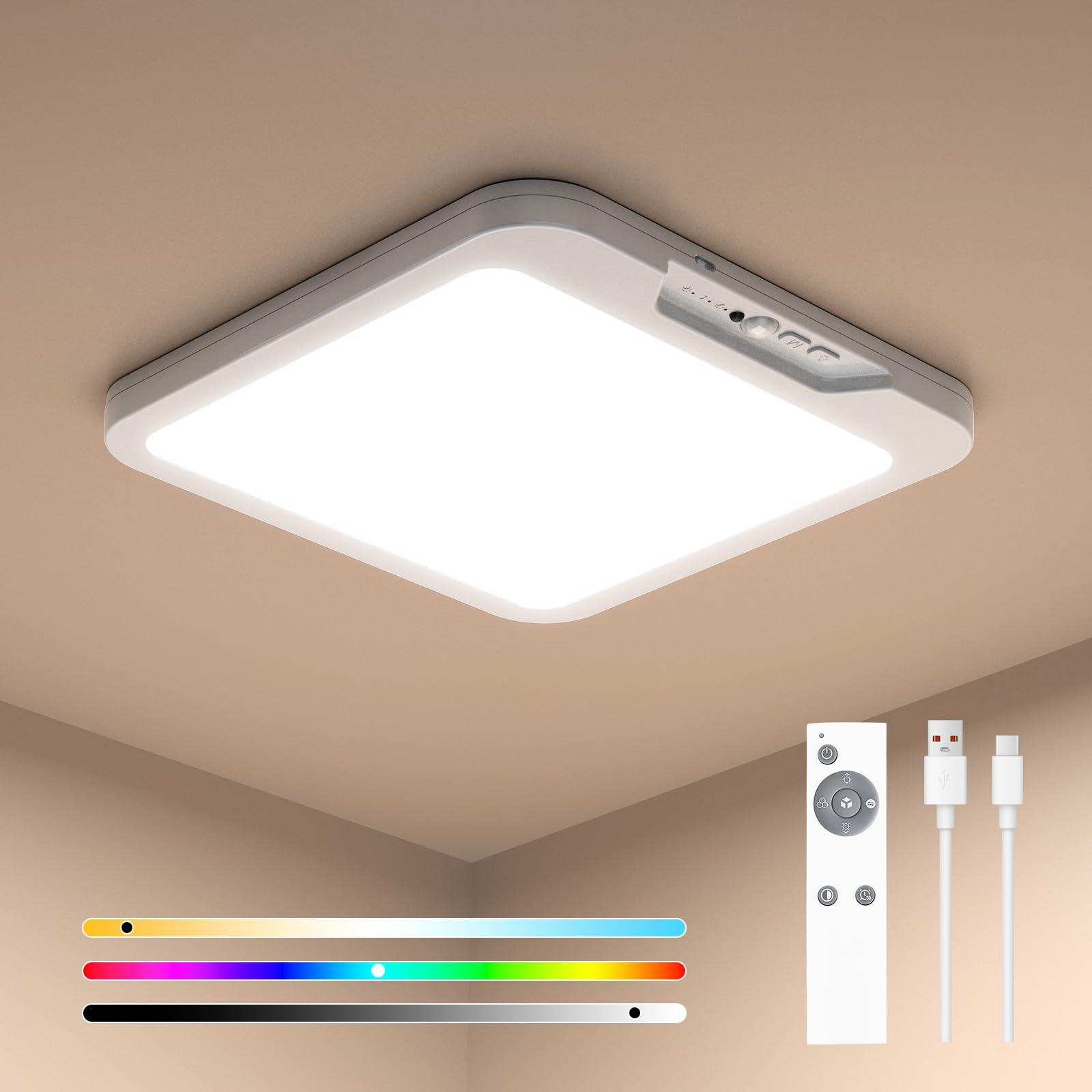 Birnetek® RGB LED Ceiling Light Motion Sensor, Rechargeable Motion Sensor Ceiling Light with Remote, 8000mAh Battery Operated Wireless Ceiling Lamp, Idea for Stairwells, Hallways, Garages