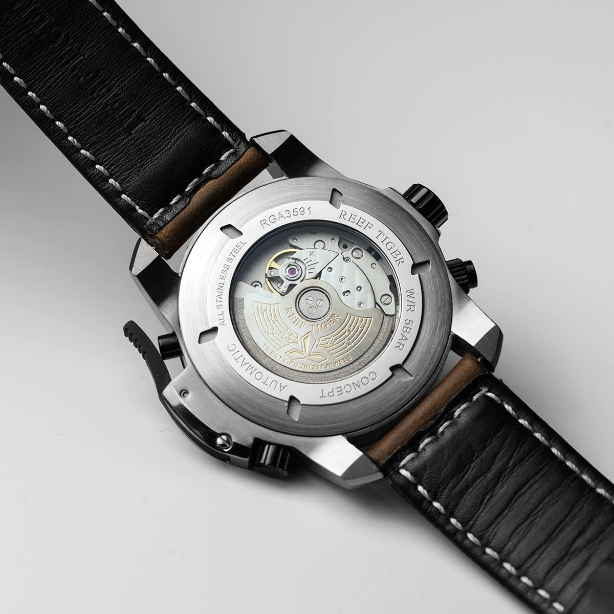 REEF TIGER Mens Sport Mechanical Watches with Steel Black Dial Automatic Watch Calfskin Leather Strap RGA3591 RGA3591-YBC