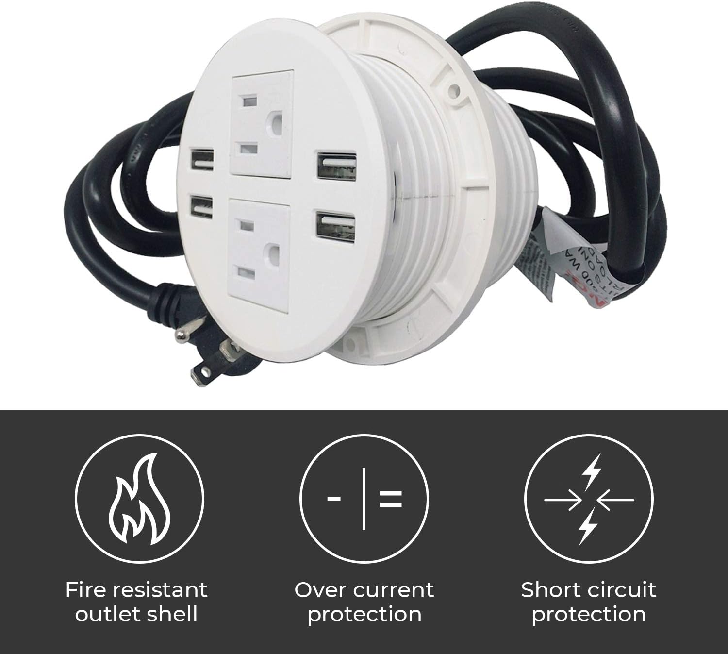 Round Desktop Multi-Devices Charging Station Power Grommet Outlet, FITS 3 1/8" - 3 1/4" 2 (TR) AC, 3 Power Outlets AC, 4 USB Charging Ports ETL Listed (4 USB/3 Power-DC-8889(White))
