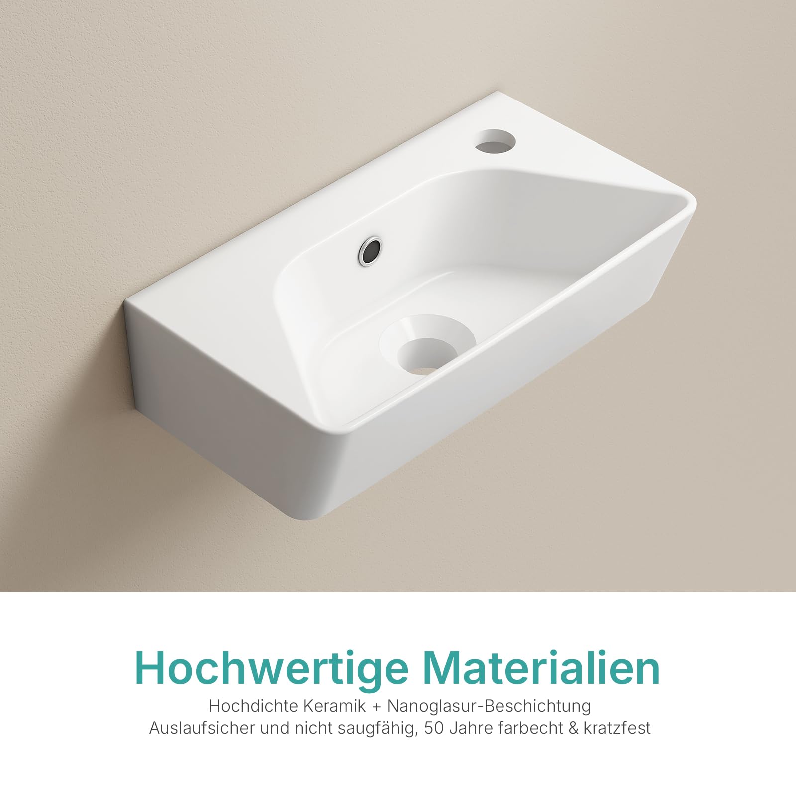 EMKE Piccolo lavandino rettangolare 40,0 × 22,5 × 13,0 cm, in ceramica, con foro per rubinetto e troppopieno, piccolo lavandino a mano, ideale per bagno e WC degli ospiti, bianco
