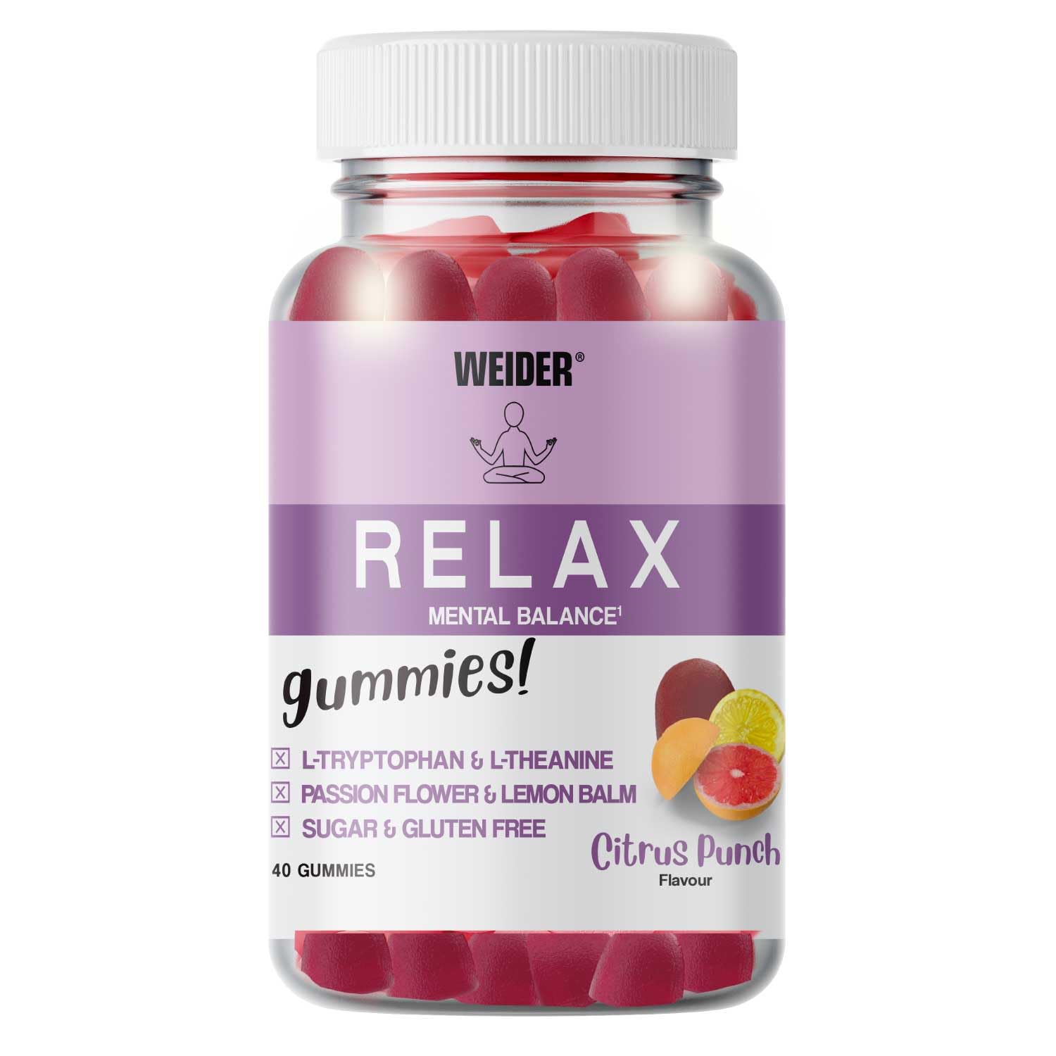 Weider Relax Gummies (40 Gums) Citrus Punch Flavour, Gummies with L-Theanine, L-Tryptophan, Passionflower and Lemon Balm extracts, Vitamin B6. Facilitates Relaxation, No Added Sugars, Gluten-Free