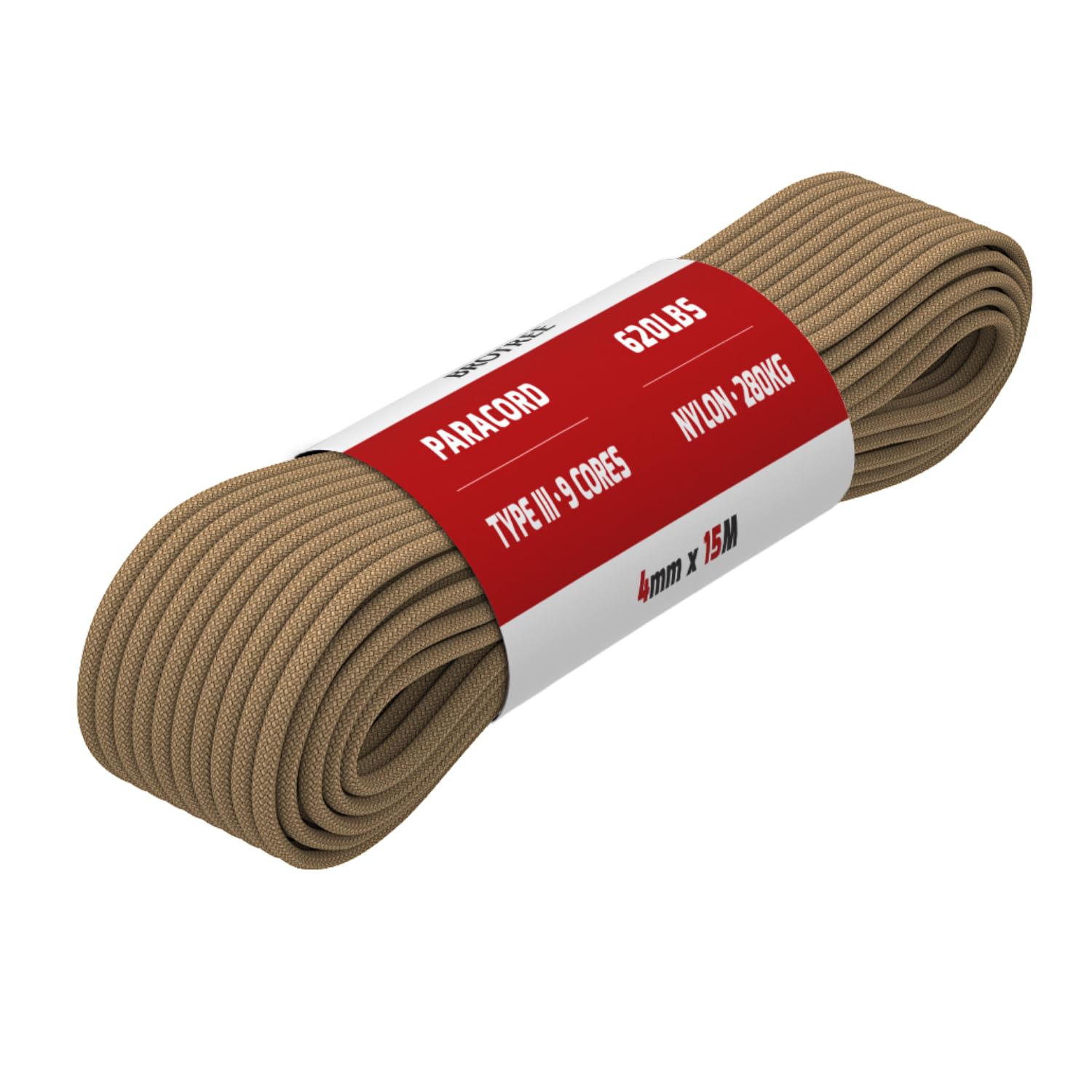 Brotree Paracord 4mm 15M 9 Strands 100% Nylon Rope Type 3 Parachute Cord for Outdoor, Bracelet, DIY - 280kg Breaking Load (Tan)