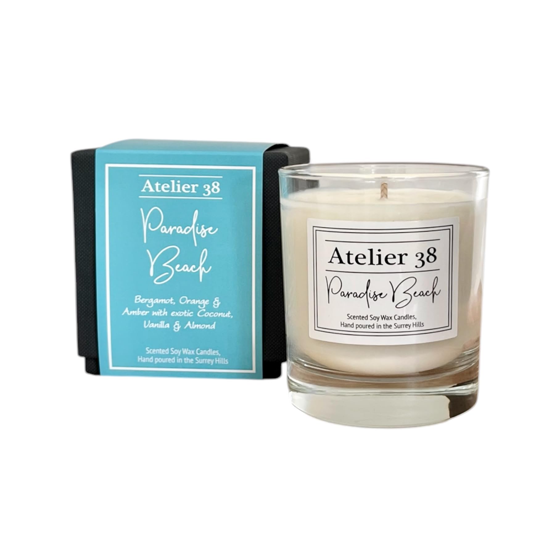 Atelier 38 Paradise Beach Scented Candle 210G - Luxury Soy Candle, Up To 50 Hour Burn Time, Candle Jar Home Fragrance, Long Burning Candle, Housewarming Gift, Made In Surrey Hills