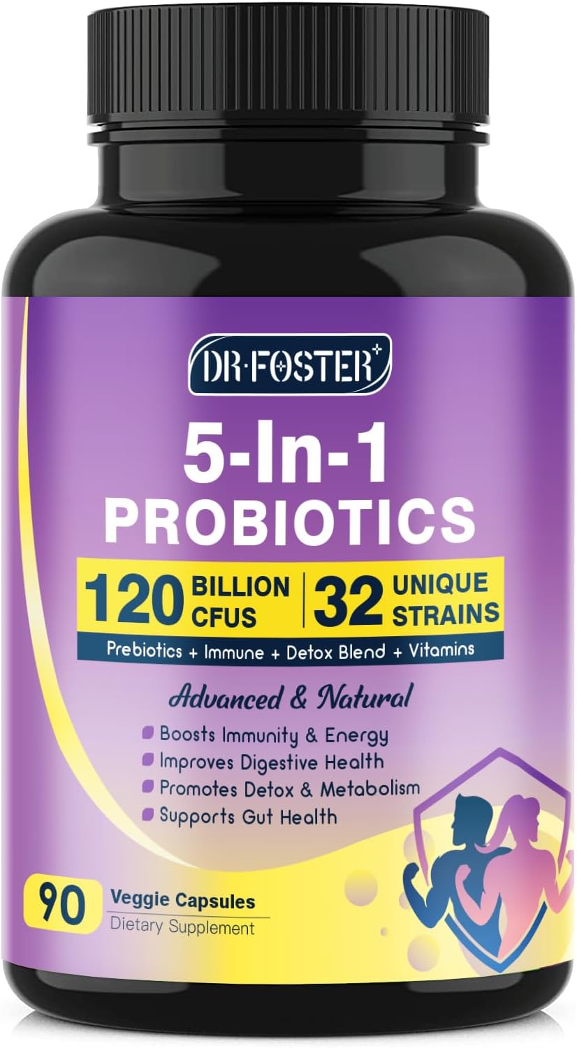 DRFOSTER Probiotics for Women & Men Digestive Health๏ผ120 Billion CFUs, Prebiotics and Probiotics for Gut Health, D3, Zinc & Immune Support Herbs, Detox Cleanse, 45 Day - 3 Month Supply