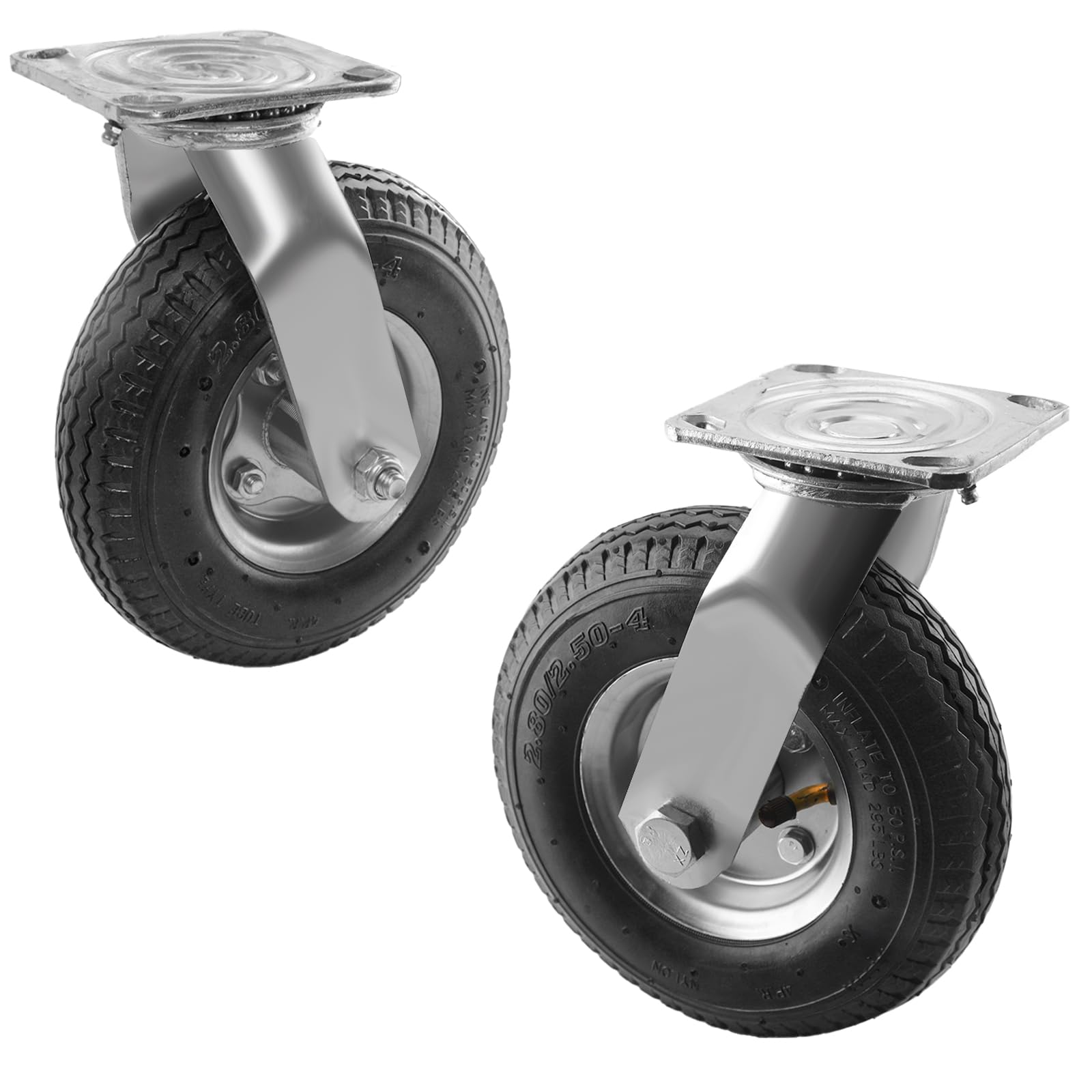 RRQ 8 Inch Caster Wheels, Pneumatic Swivel Caster Wheels with Zinc Top Plate 360 Degree Rotation for Cart, Dolly, Trolley, Workbench and Wagon, Black Rubber Wheels, 590 Lbs Total Capacity (2 Pack)