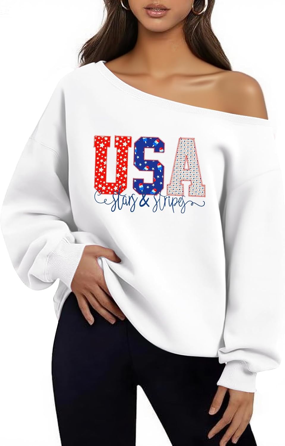 Dressmine Womens Sexy Off Shoulder Sweater USA Sweatshirts Long Sleeve Patriotic Shirt American Flag Hoodie Pullover