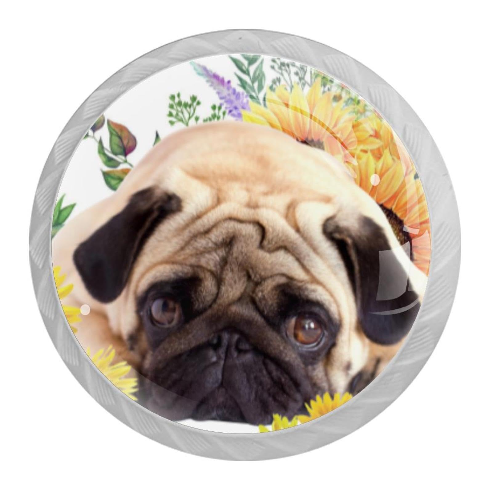 Tqmspg 4 Pieces Drawer Pulls Sunflower Pug Door Knobs Dresser Handles for Kitchen Wardrobe Cupboard Hardware Furniture