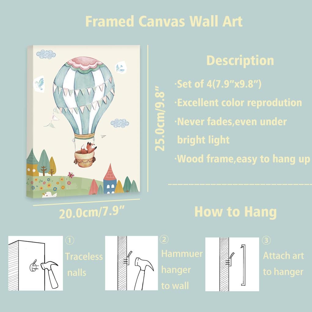 KAIRNE Lot de 4 posters d'animaux avec cadre (20 x 25 cm), motifs d'avion, montgolfière, tableaux muraux pour chambre de bébé, garçon et fille, jungle, safari, tableaux muraux