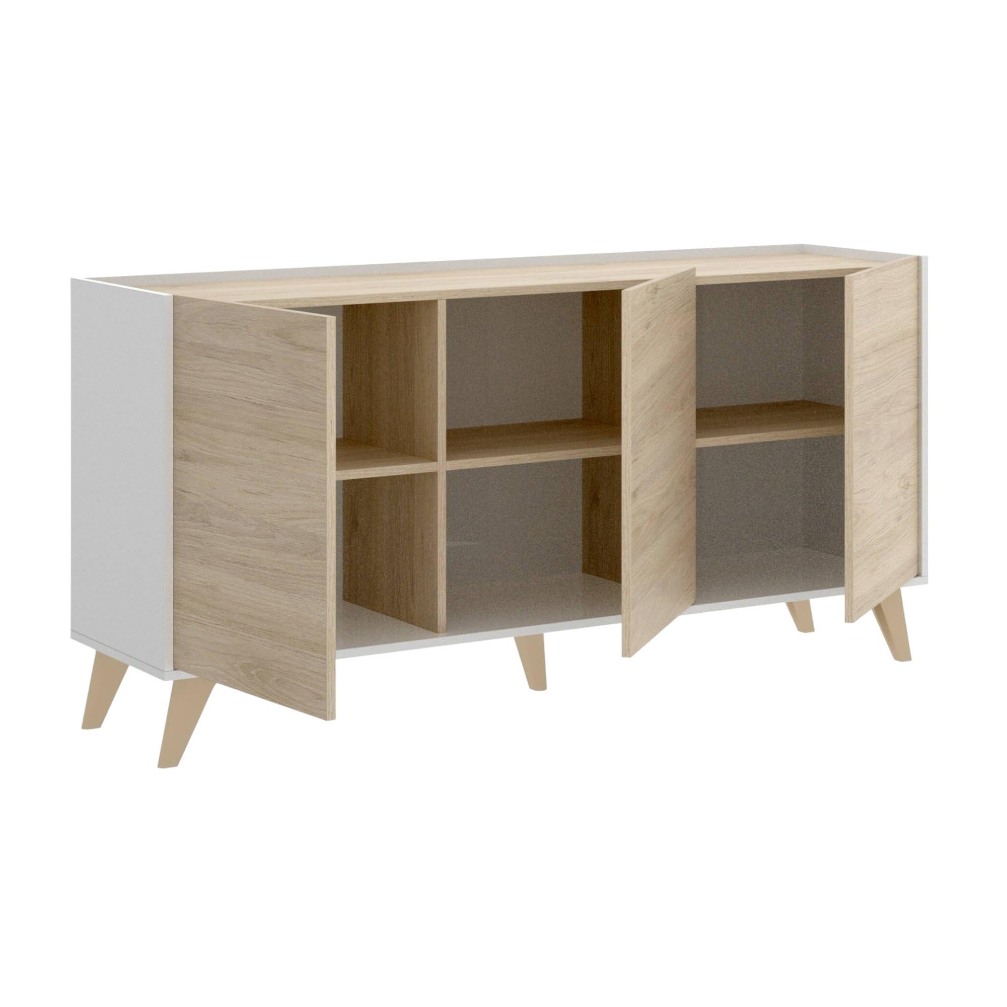 Dmora - Credenza Avez, Buffet da soggiorno, Madia moderna da salotto a 3 ante, 155x43h75 cm, Rovere e Bianco