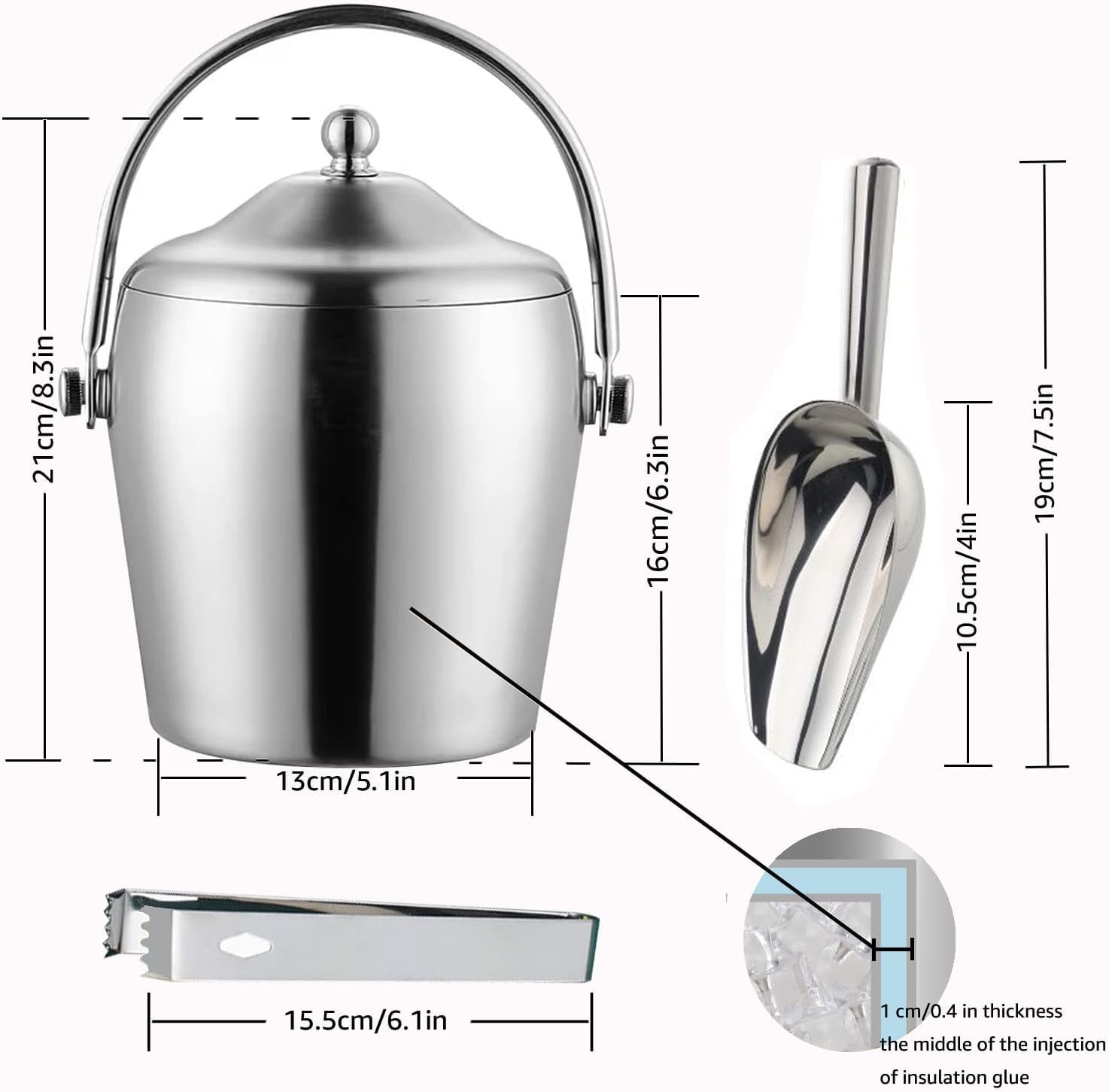 Cubo de hielo para champán con pinzas con tapa de cucharada, cubo de hielo de doble pared para bar de vinos con soporte y asa de transporte, cubo de espejo de acero inoxidable para fiestas, bar y 7