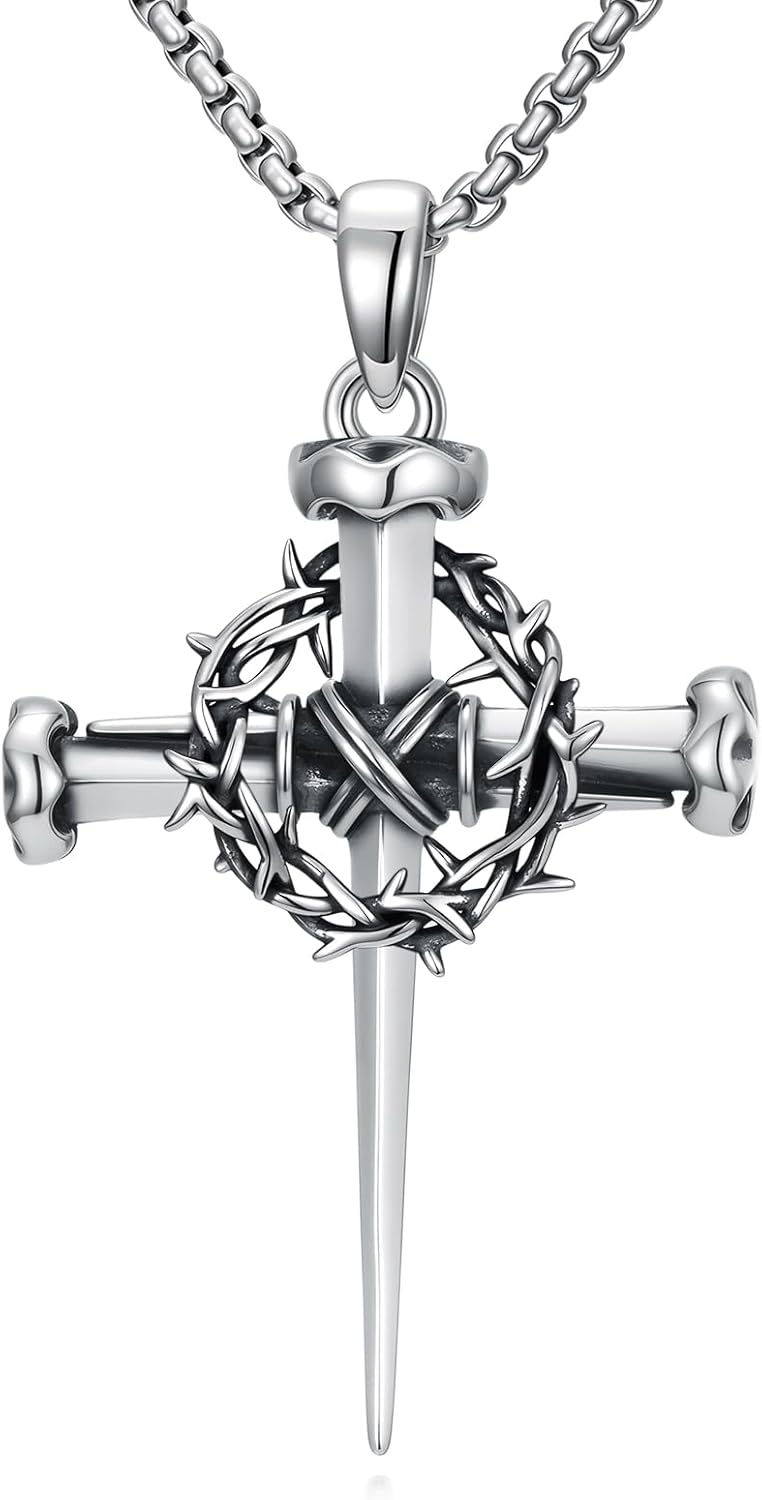 YYB Nail Cross Necklace for Men 925 Sterling Silver 3 Nail Cross Pendant Christian Jewelry Gifts for Men with 22"+2" Rolo Chain