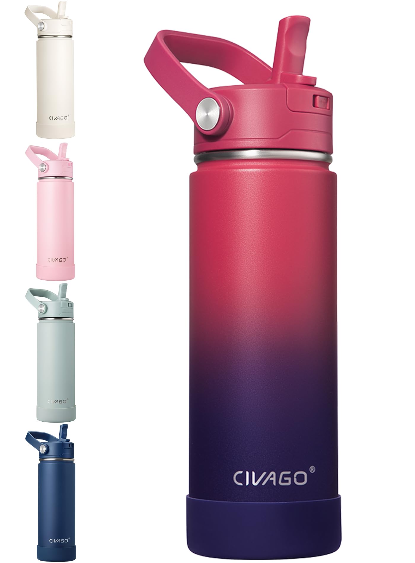 CIVAGO Insulated Stainless Steel Water Bottle with Detachable Straw, 500ml Metal Sports Drink Bottle with Bucket Handle, Leakproof Reusable Flask with Silicone Boot,Dishwasher Safe, Dark Rainbow