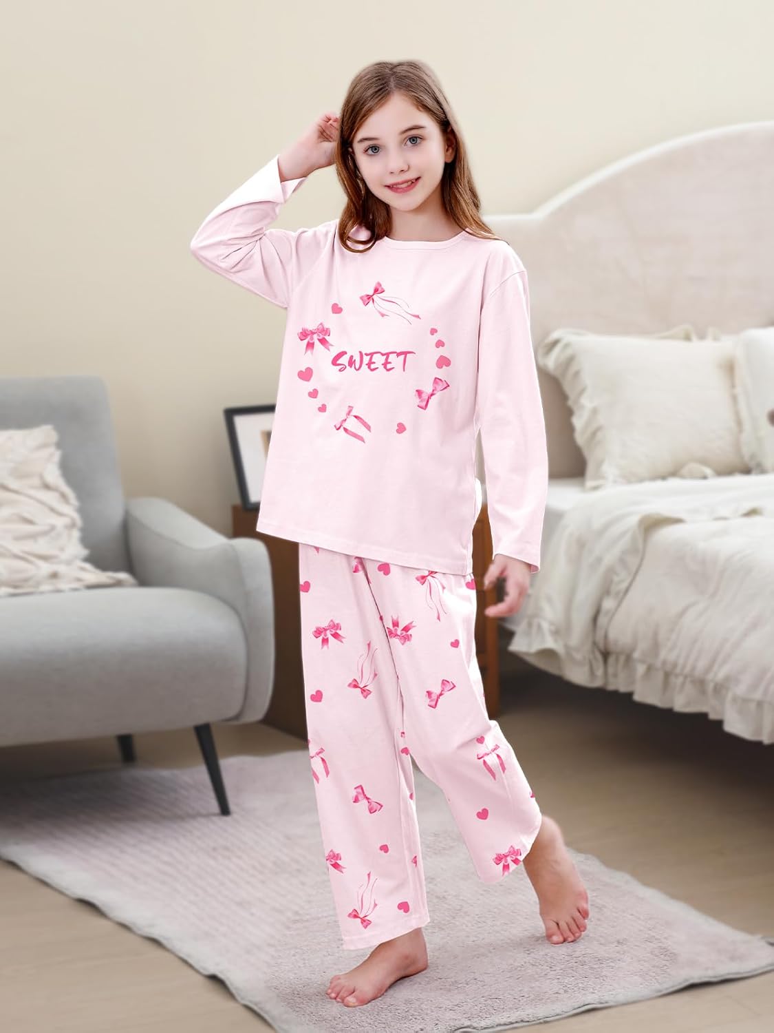Umeyda Pajamas for Girls 100% Cotton, Long Sleeve and Pants 2PCS Soft Fit Pajama Set PJs, Pink Bowknot, 9-10 Years = Tag 150 - Image 5